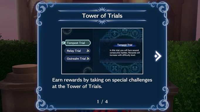 Fire Emblem Engage Tempest Trials: The info screen for unlocking Tower of Trials