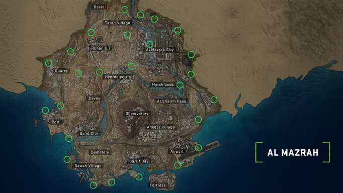 MW2 DMZ Spawn Locations: A map of Al Mazrah, showing all of the spawn locations marked with green circles